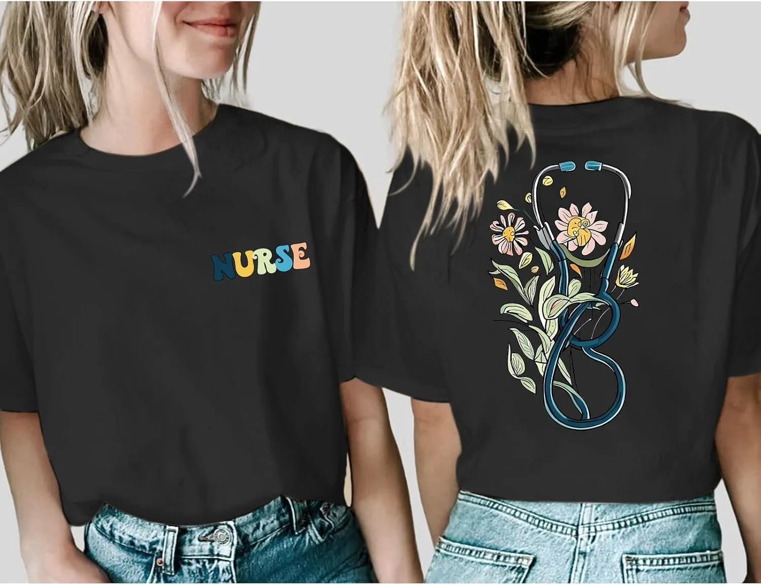 Nurse Graphic Shirts for Women Boho Floral Nurse Life T Shirt Stethoscope Oversized Graphic Tees Nurses Day Gifts