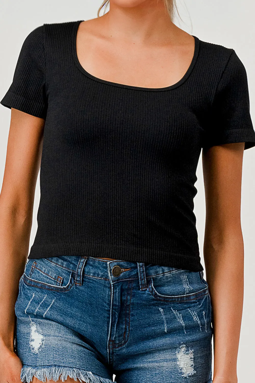 Rib Knit Square Neckline Short Sleeve Tops - Black