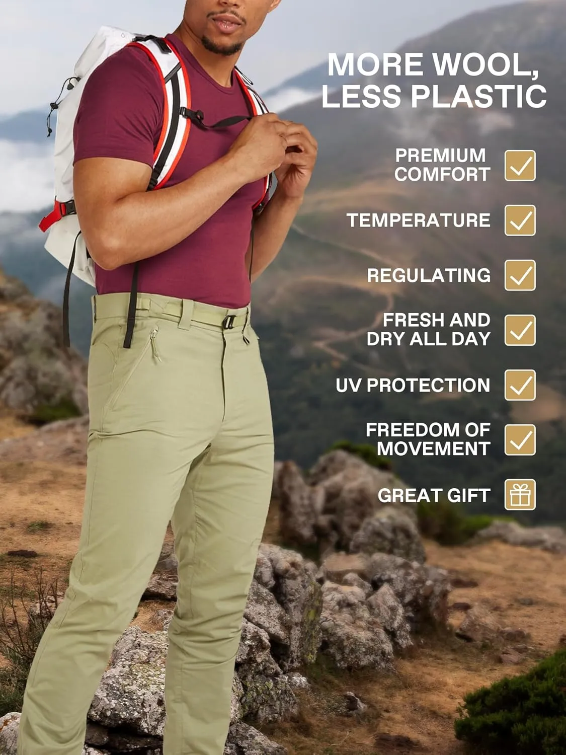 SIORO 100% Merino Wool T-Shirt for Men Short Sleeve Base Layers Odor Resistance Crew Neck Undershirt for Outdoor Hiking S-XXL