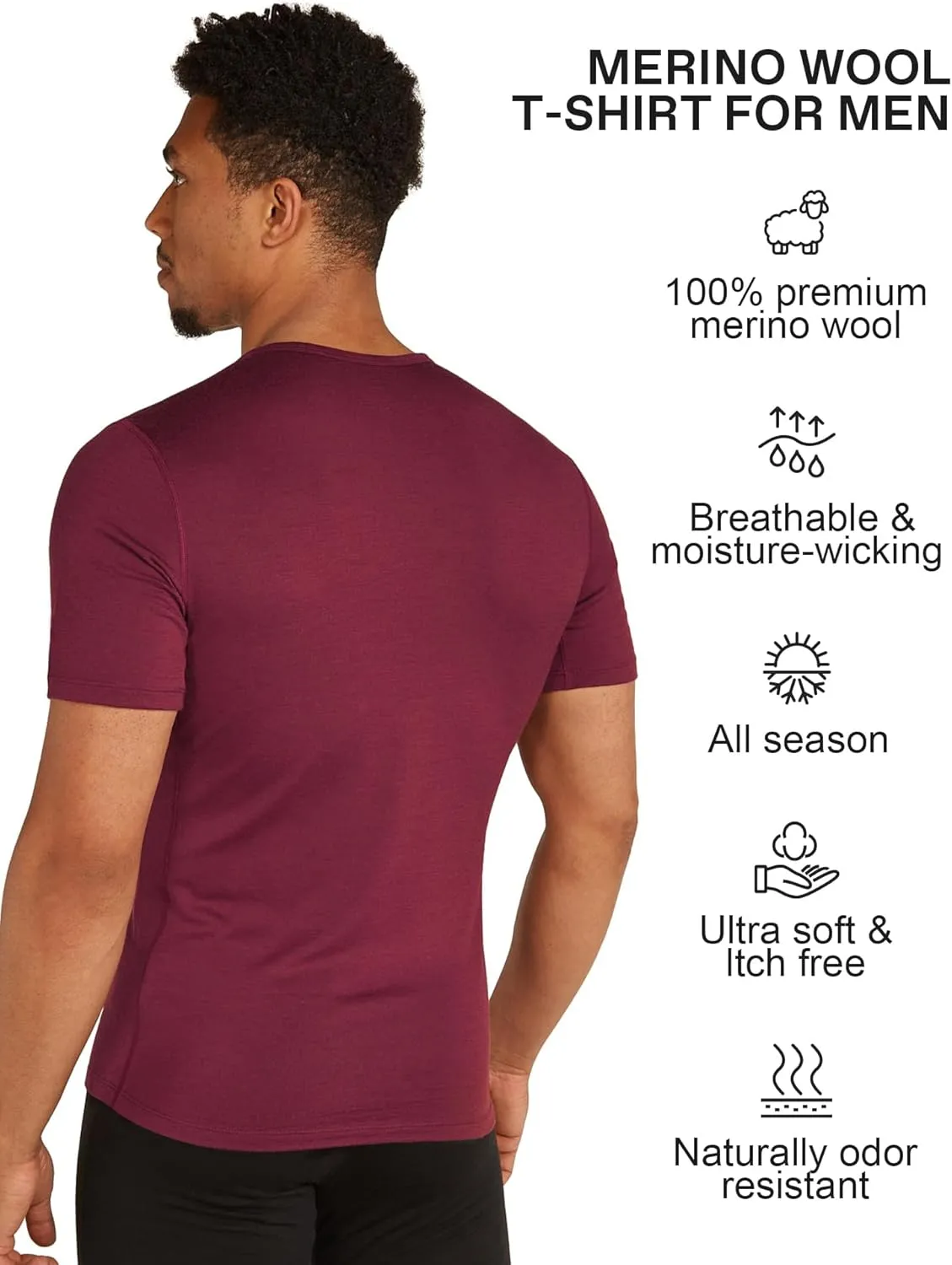 SIORO 100% Merino Wool T-Shirt for Men Short Sleeve Base Layers Odor Resistance Crew Neck Undershirt for Outdoor Hiking S-XXL