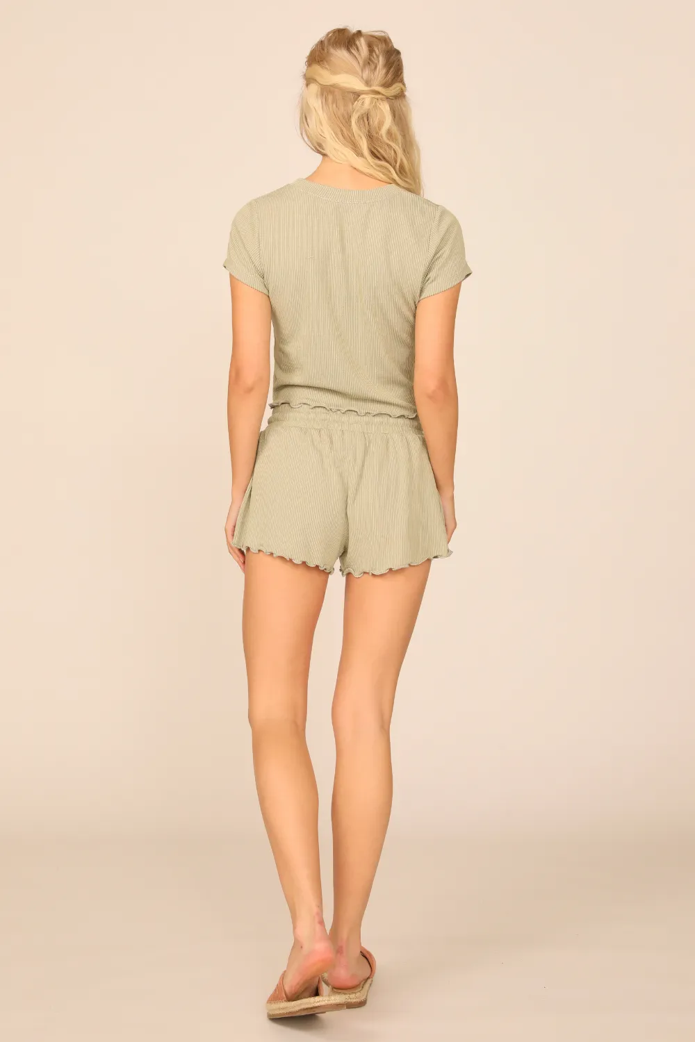 Soft Olive Rib Knit Lettuce Edge Cropped Tee