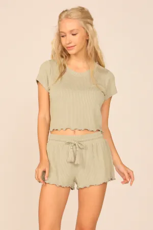 Soft Olive Rib Knit Lettuce Edge Cropped Tee