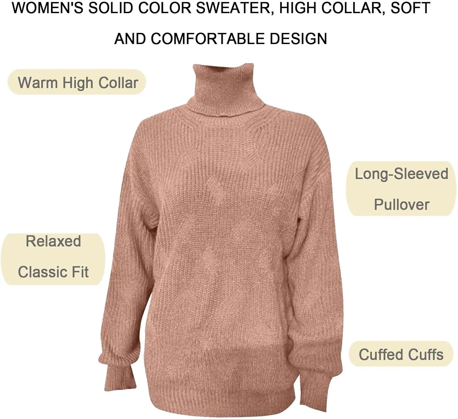 Sweaters Turtleneck for Women, Soft Warm Loose Chunky Knit Jumper, Solid Color Oversized Sweater Slouchy Blouses