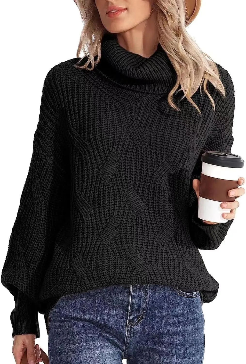 Sweaters Turtleneck for Women, Soft Warm Loose Chunky Knit Jumper, Solid Color Oversized Sweater Slouchy Blouses