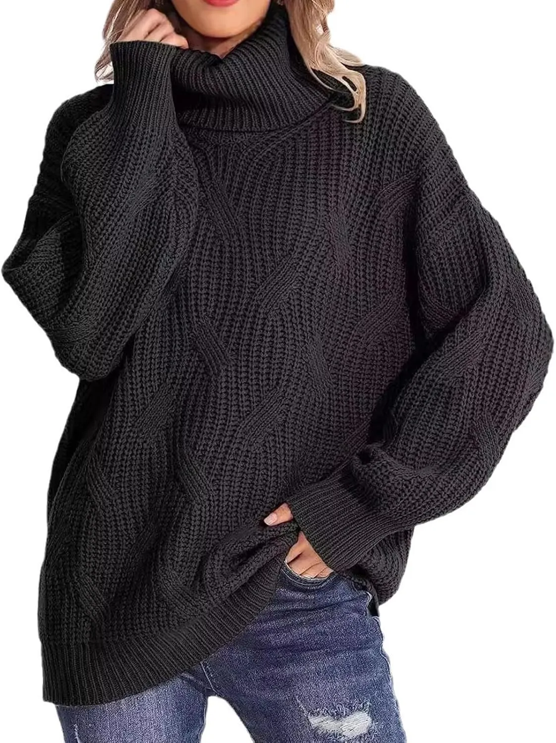 Sweaters Turtleneck for Women, Soft Warm Loose Chunky Knit Jumper, Solid Color Oversized Sweater Slouchy Blouses