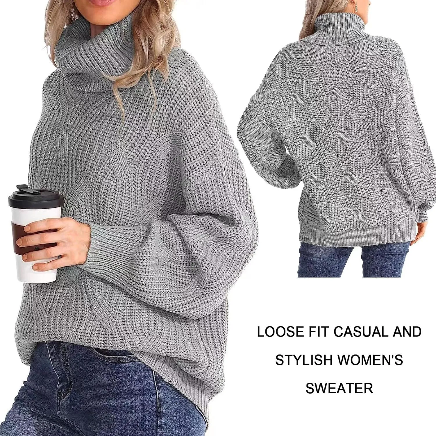 Sweaters Turtleneck for Women, Soft Warm Loose Chunky Knit Jumper, Solid Color Oversized Sweater Slouchy Blouses