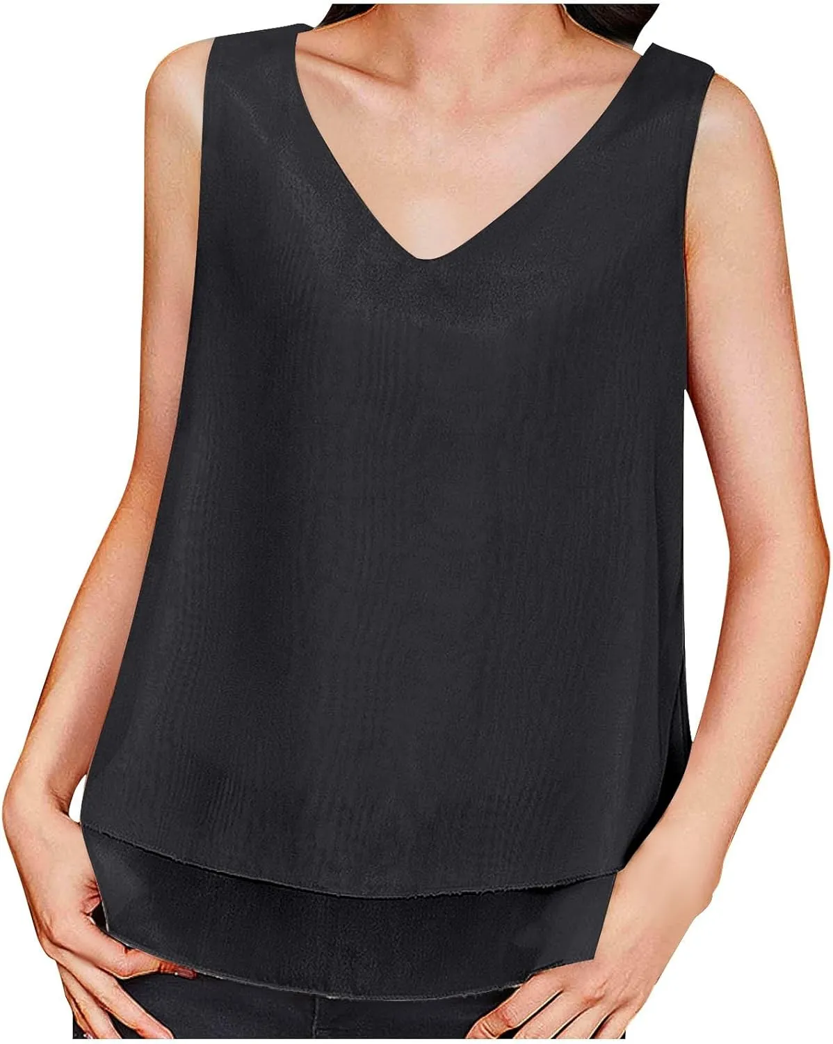 Tank Tops for Women 2025 Loose Sleeveless V Neck Solid Color Chiffon Tank Top Double Layers Casual Summer Blouses