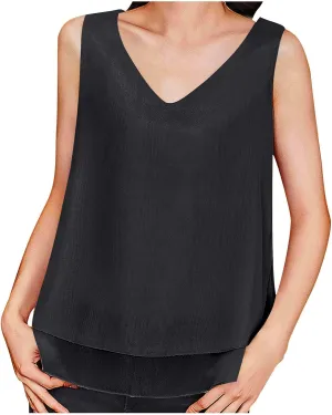 Tank Tops for Women 2025 Loose Sleeveless V Neck Solid Color Chiffon Tank Top Double Layers Casual Summer Blouses