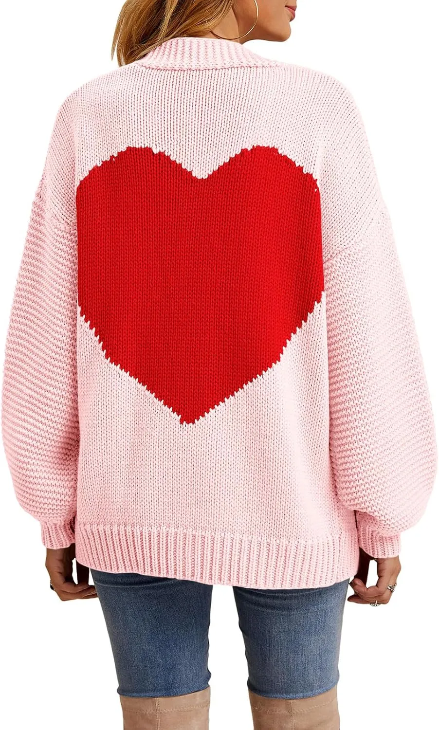 Tutorutor Womens Oversized Love Heart Pattern Print Open Front Cardigan Sweaters Casual Boho Valentine Loose Outwear Coat