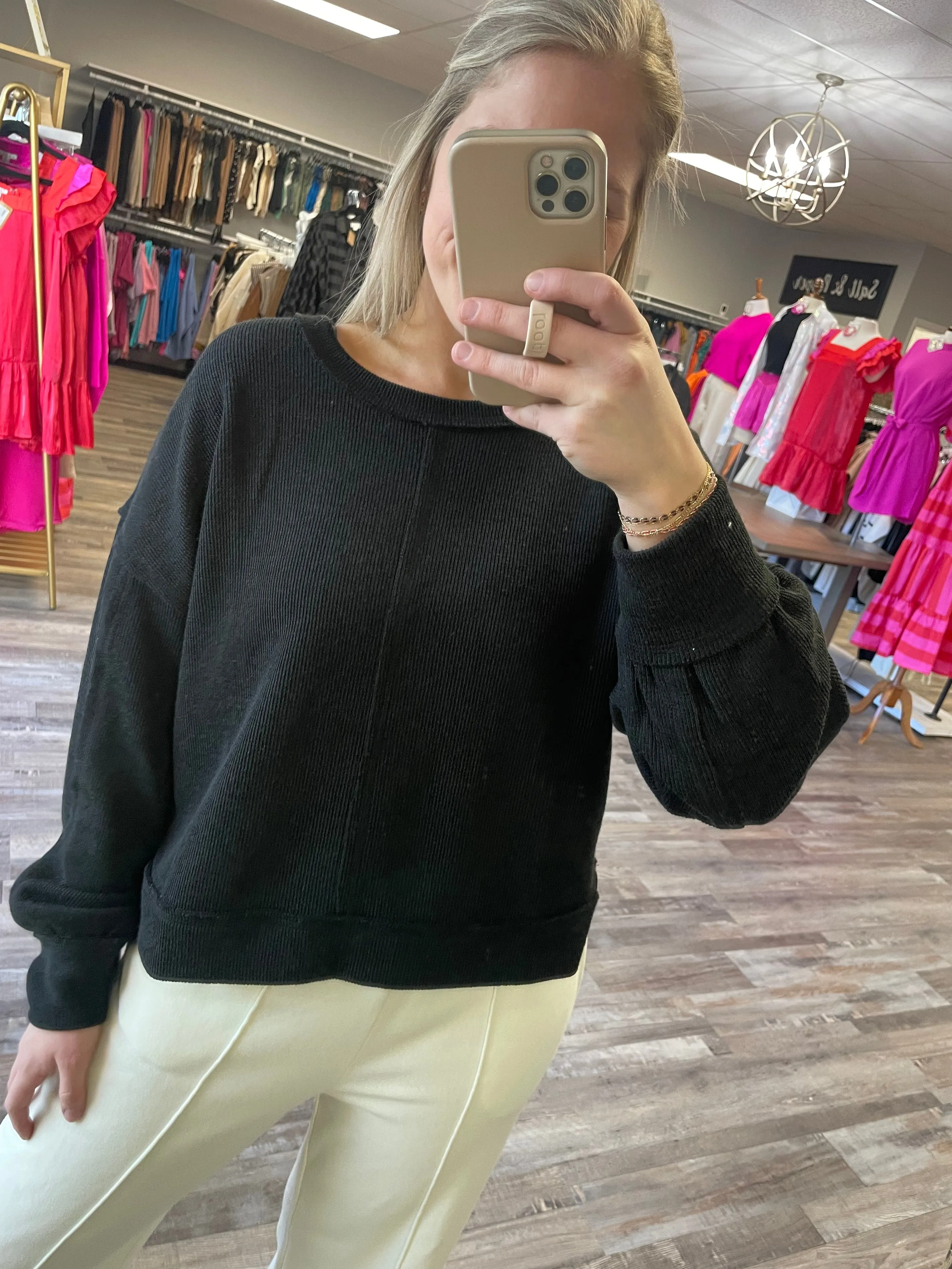 Waffle Knit Pullover - Black