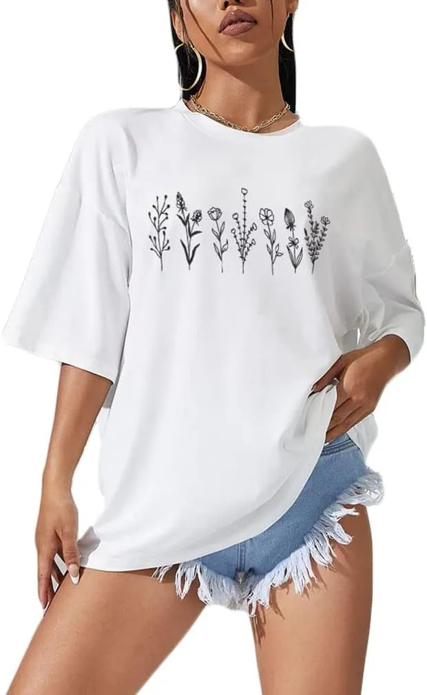 Women Drop Shoulder Floral Plants Graphic Print Oversized Tee Shirt Round Neck Short Sleeve Casual T Shirt Top