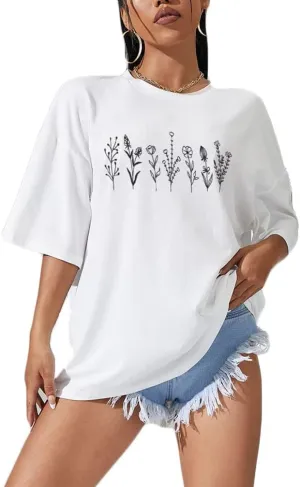 Women Drop Shoulder Floral Plants Graphic Print Oversized Tee Shirt Round Neck Short Sleeve Casual T Shirt Top
