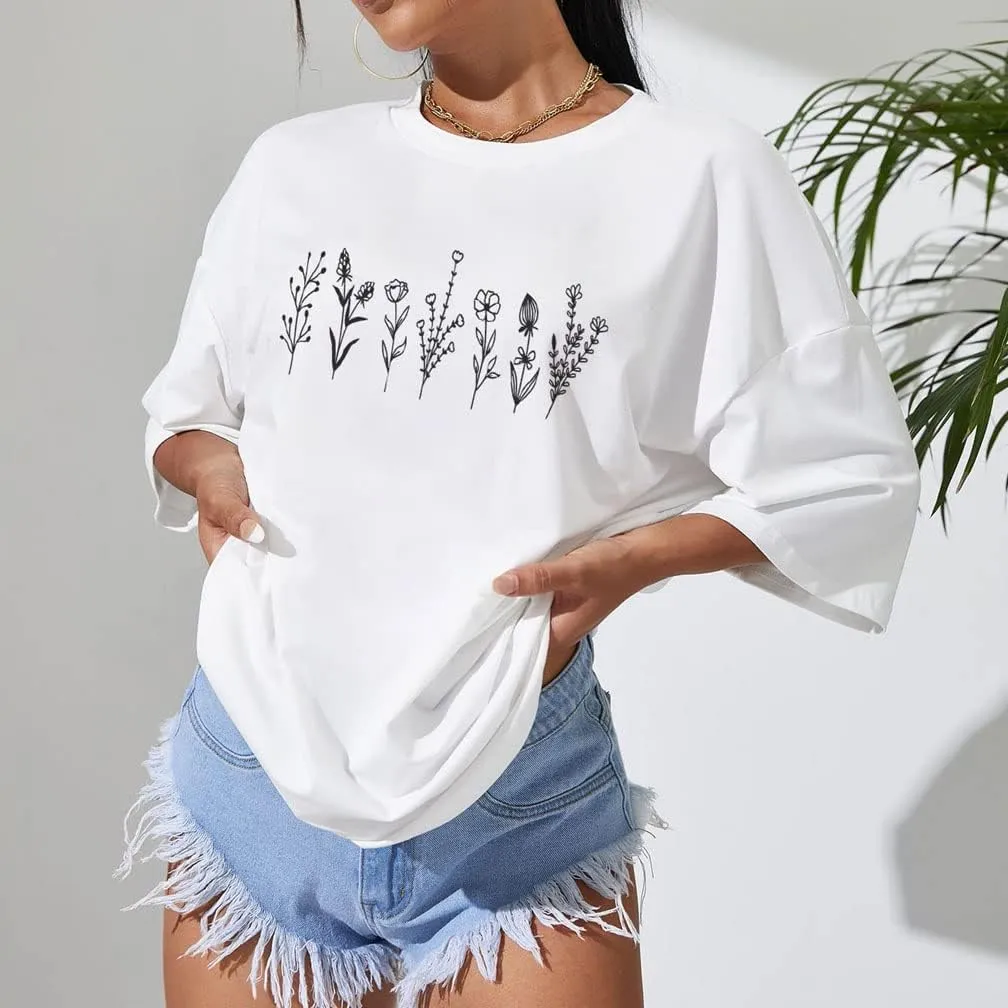 Women Drop Shoulder Floral Plants Graphic Print Oversized Tee Shirt Round Neck Short Sleeve Casual T Shirt Top