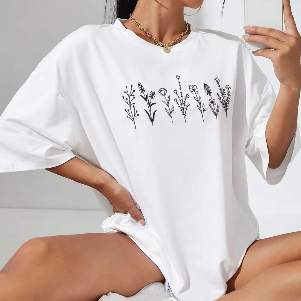Women Drop Shoulder Floral Plants Graphic Print Oversized Tee Shirt Round Neck Short Sleeve Casual T Shirt Top