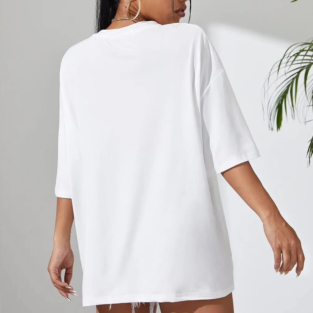 Women Drop Shoulder Floral Plants Graphic Print Oversized Tee Shirt Round Neck Short Sleeve Casual T Shirt Top