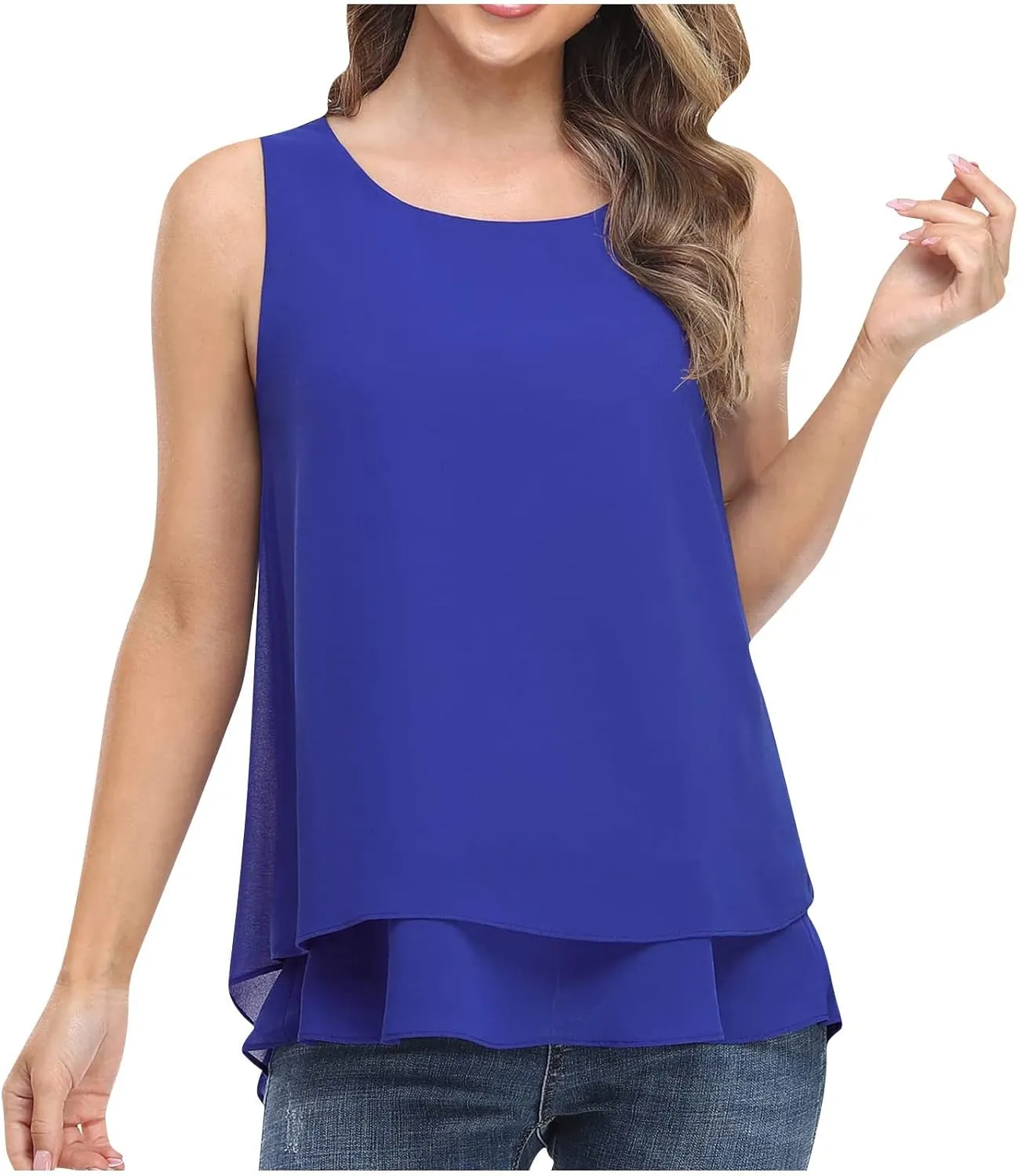 Women Tank Tops Dressy Sleeveless Solid Color Double Layers Chiffon Camisole Casual Summer Vacation Loose Casual Top