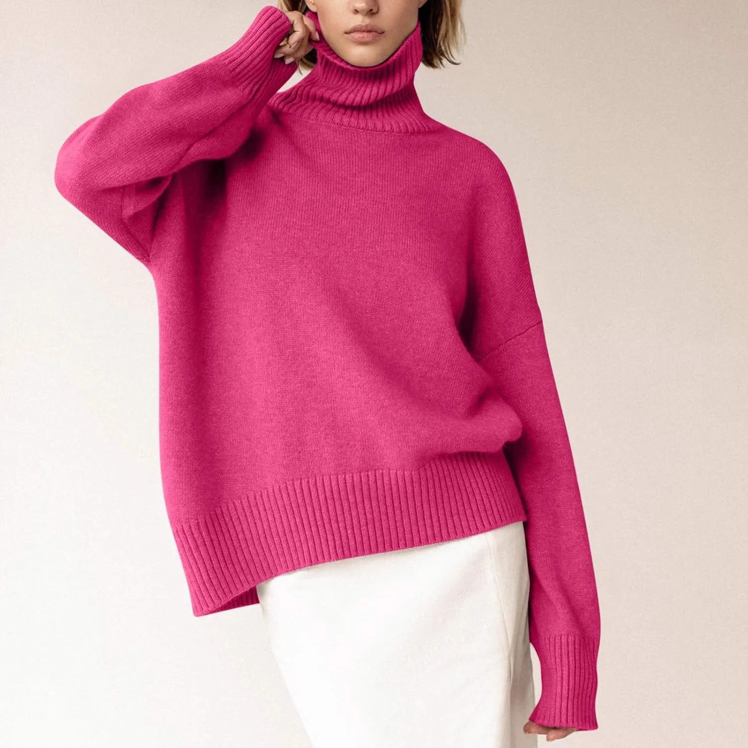 Women's 2024 Fall Turtleneck Long Sleeve Ribbed Knit Casual Soft Pullover Sweater Jumper Top Oversized Sweaters