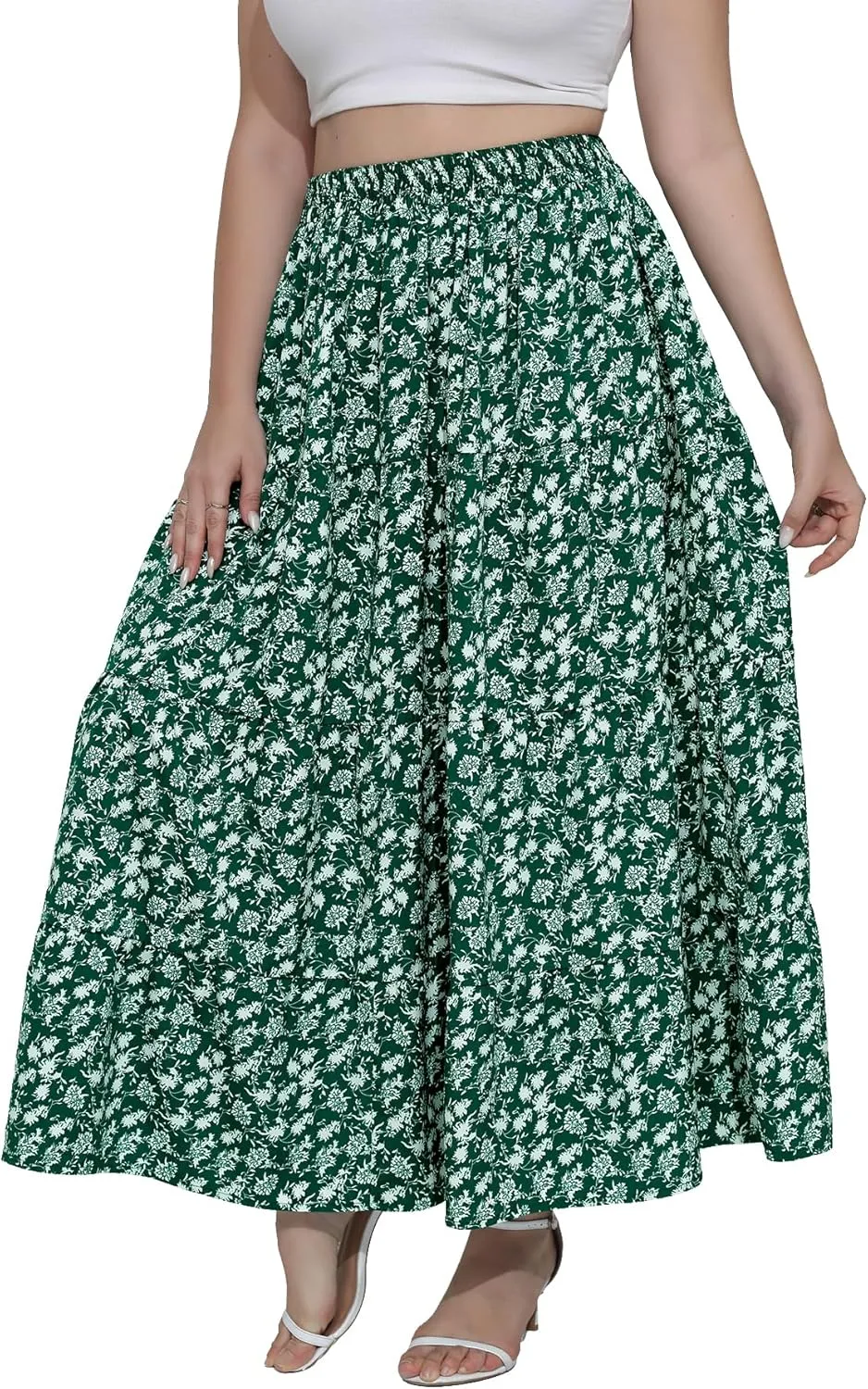 Women's Long Maxi Plus Size Skirt 2025 Trendy Flowy Elastic High Waist Casual Spring Swing A-line Floral Skirts