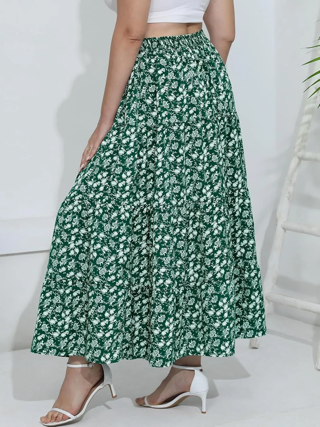 Women's Long Maxi Plus Size Skirt 2025 Trendy Flowy Elastic High Waist Casual Spring Swing A-line Floral Skirts