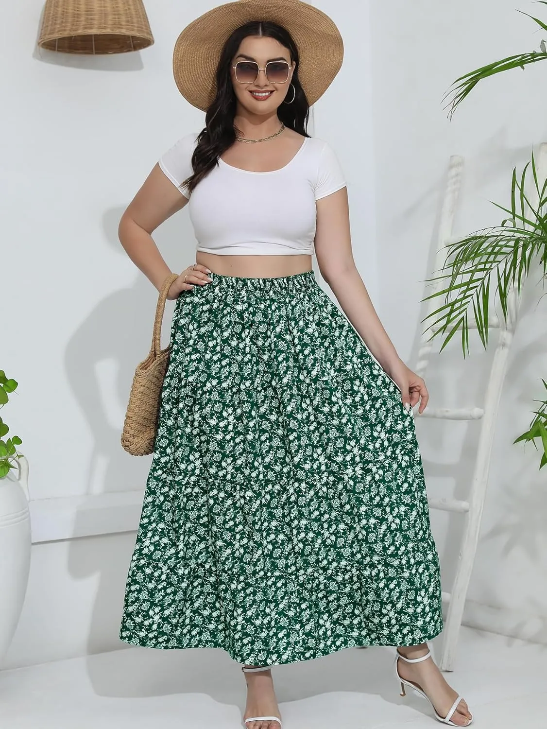 Women's Long Maxi Plus Size Skirt 2025 Trendy Flowy Elastic High Waist Casual Spring Swing A-line Floral Skirts