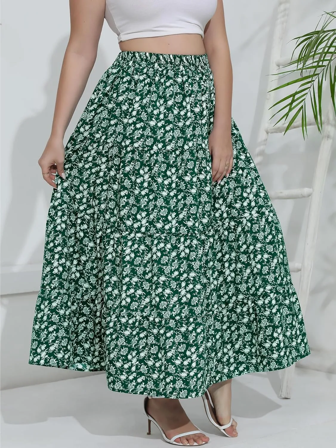 Women's Long Maxi Plus Size Skirt 2025 Trendy Flowy Elastic High Waist Casual Spring Swing A-line Floral Skirts
