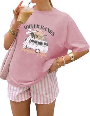 Women’s Oversized Vintage Graphic Print T-Shirt Crew Neck Letter Print Drop Shoulder Short Sleeve Graphics Tee Shirt