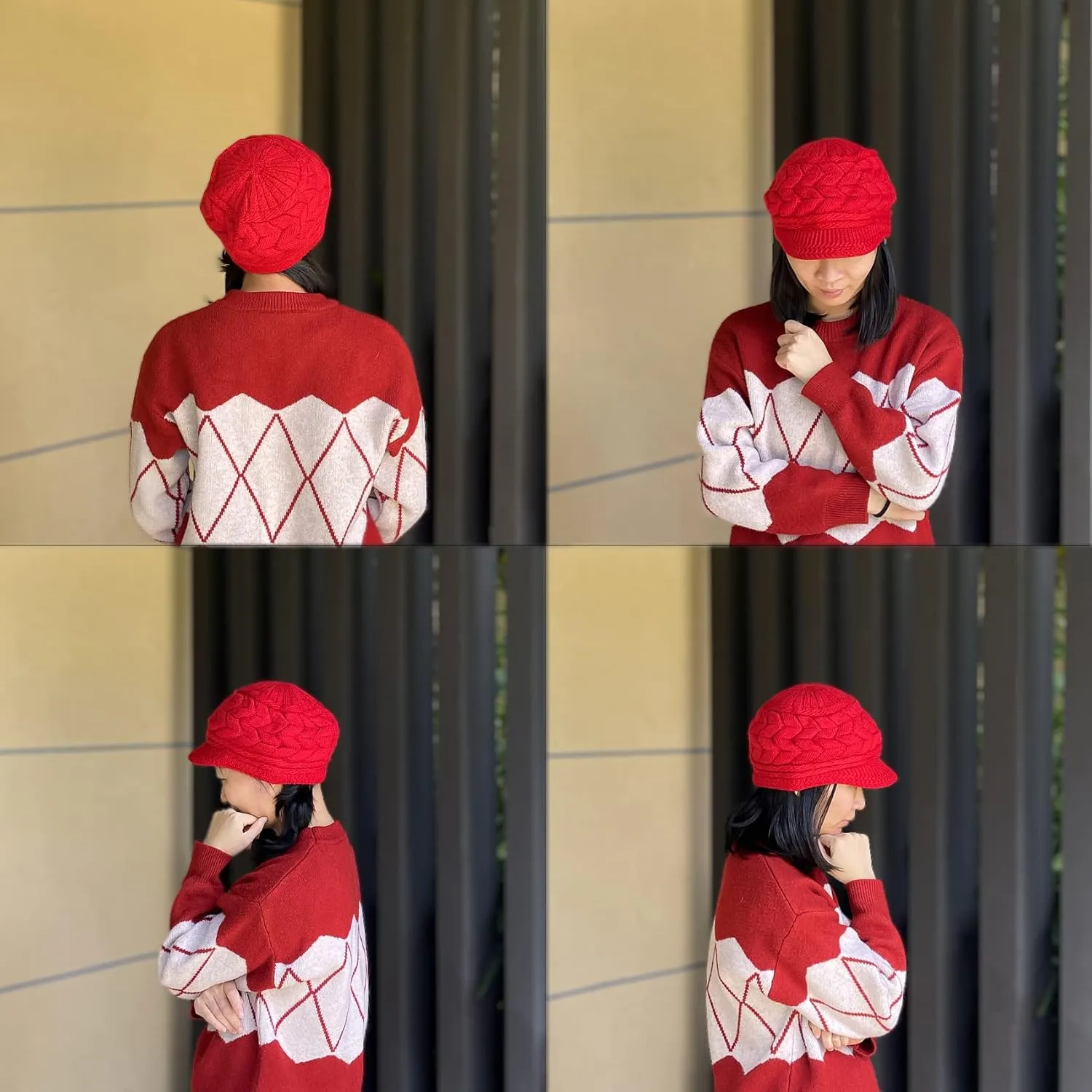 Womens Winter Hat with Brim, Wool Knitted Beanie with Warm Fleece Lined & Visor Newsboy Cap for Cold Weather S-Y-H4