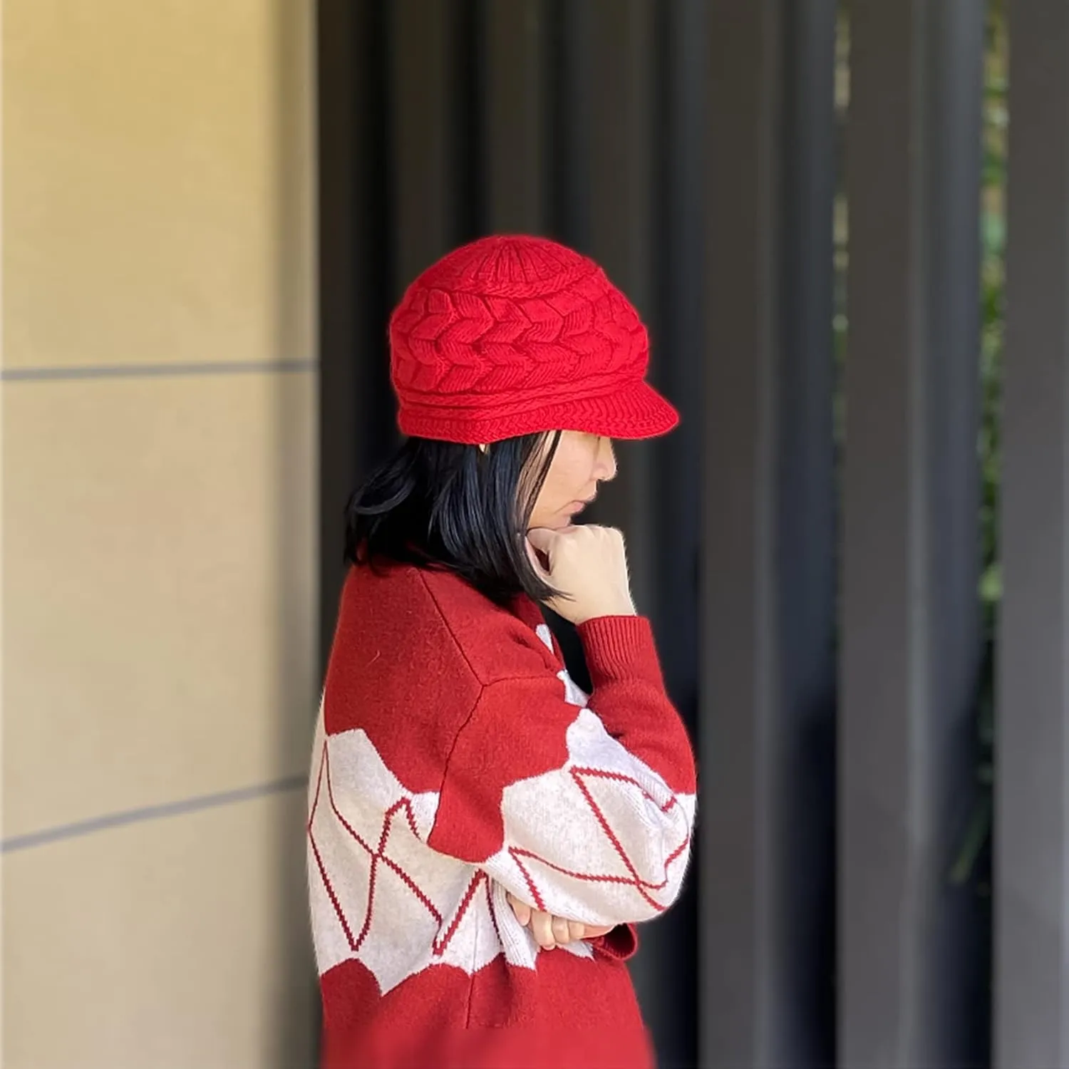 Womens Winter Hat with Brim, Wool Knitted Beanie with Warm Fleece Lined & Visor Newsboy Cap for Cold Weather S-Y-H4