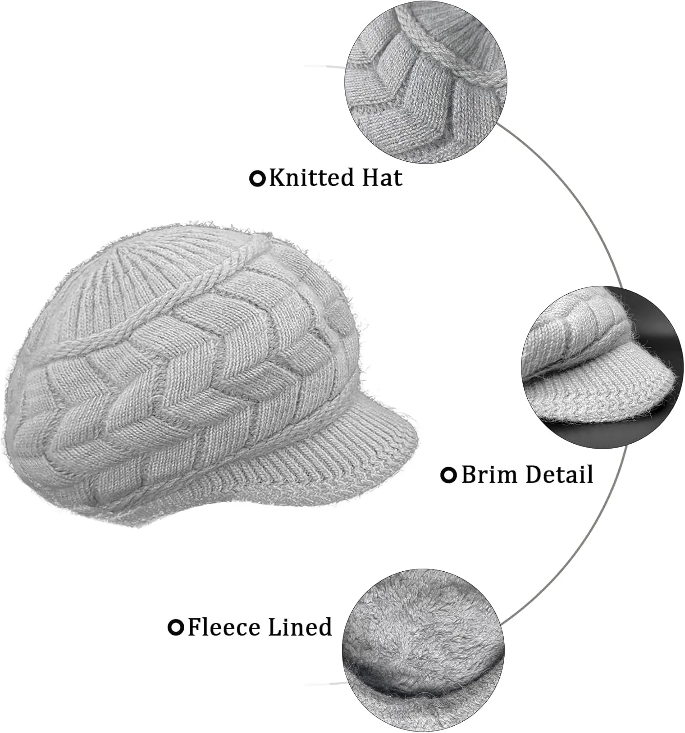Womens Winter Hat with Brim, Wool Knitted Beanie with Warm Fleece Lined & Visor Newsboy Cap for Cold Weather S-Y-H4